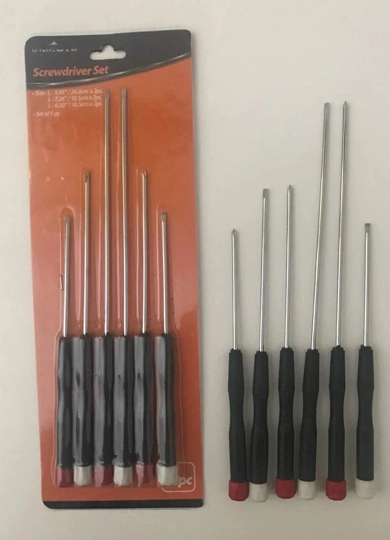6pc Precision Screwdriver Set-Different Sizes/Heads-Long Reach Screwdrivers