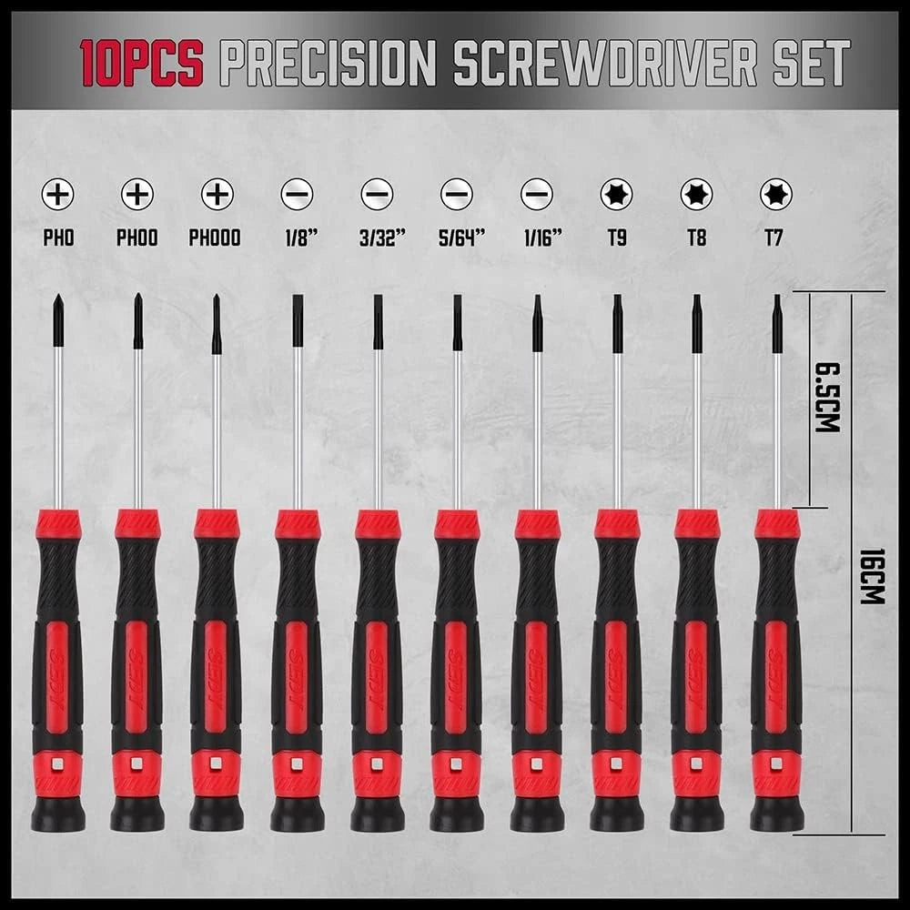 11-Piece Precision Screwdriver Set - Magnetic Mini Red, Silver, Black