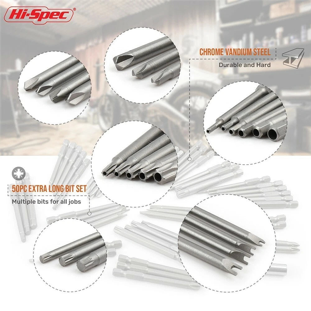 50Pcs Extra Long Security Bits Hex Star Torx Spline Flat Screwdriver Bit Set