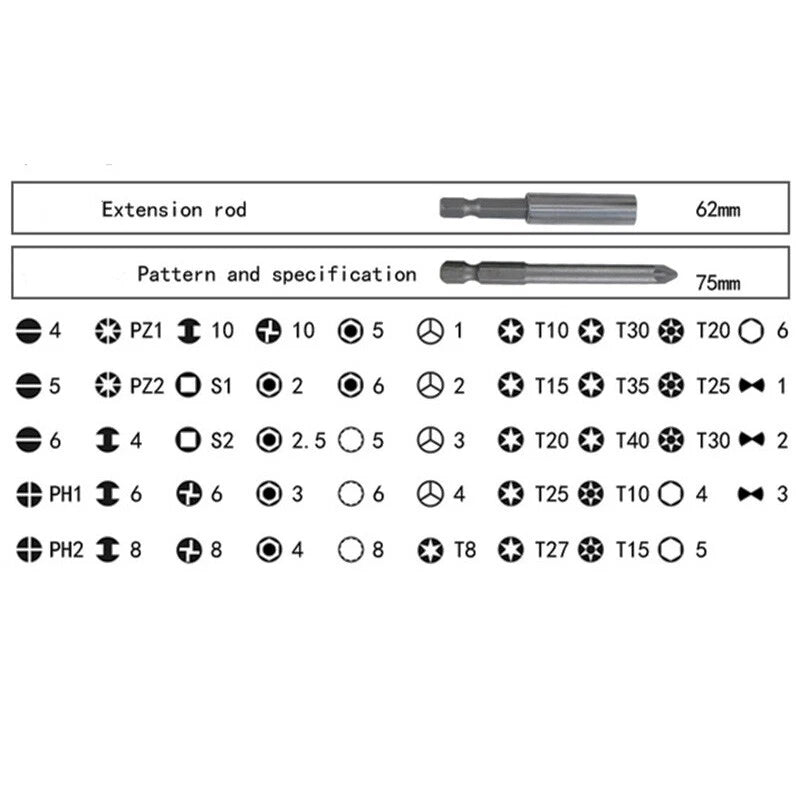 50Pcs Extra Long Security Bits Hex Star Torx Spline Flat Screwdriver Bit Set