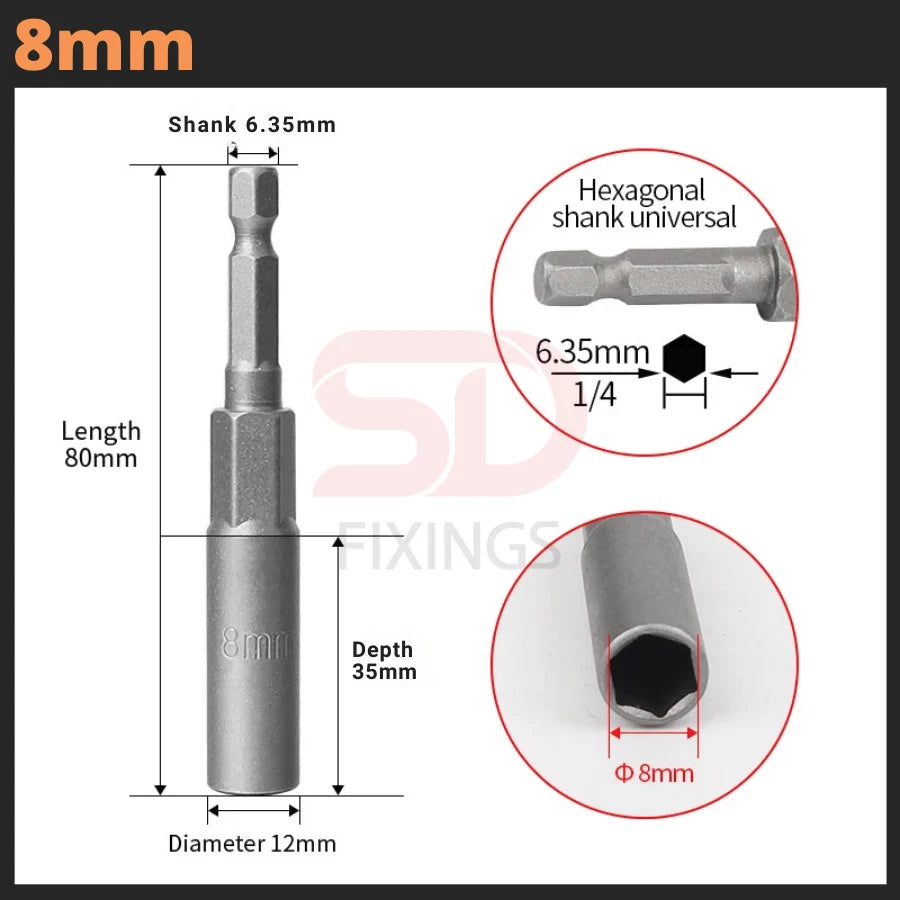 5 x Deep Bolt 8mm Nut Driver Bit Set 1/4" Hex Shank Impact Socket Adapter