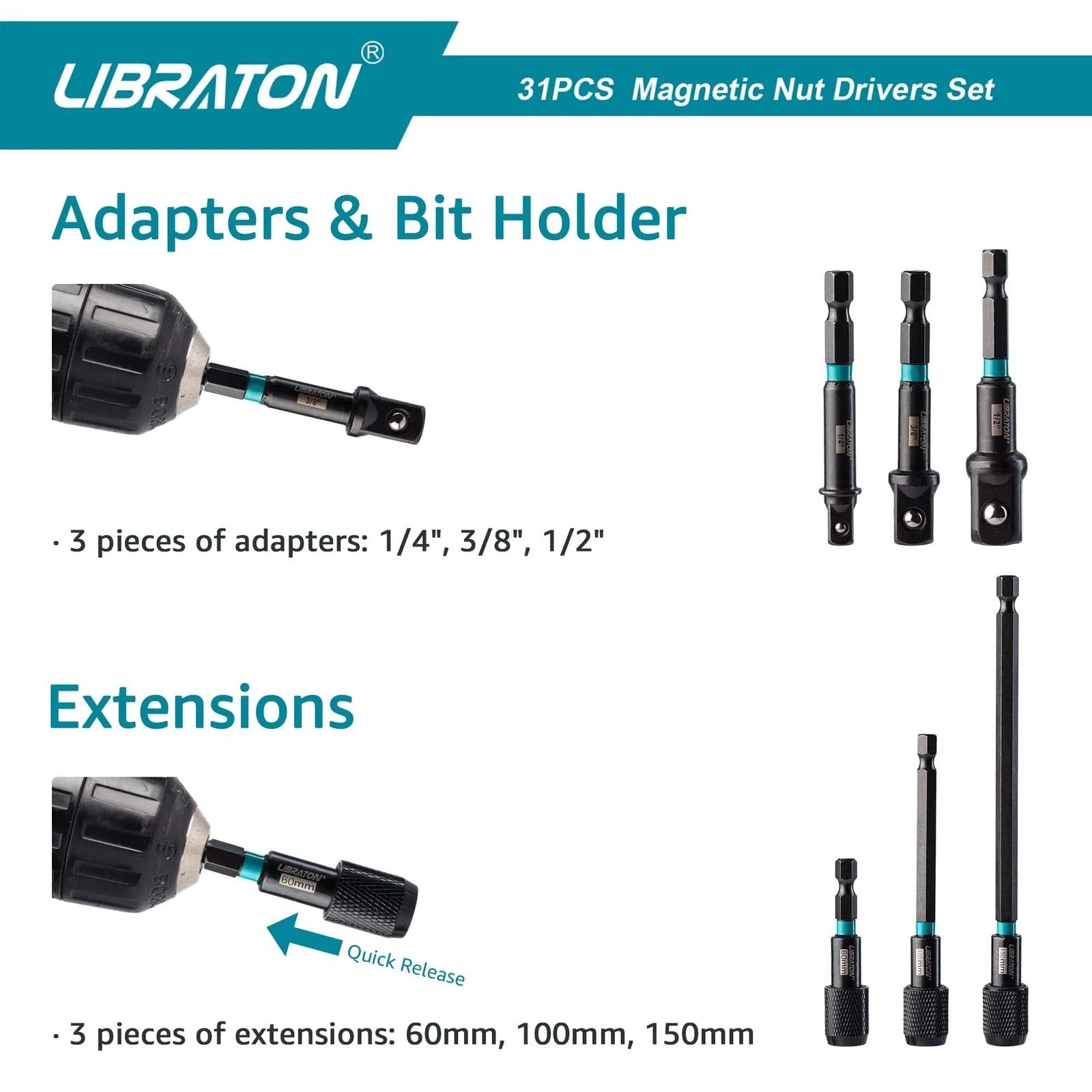 31PCS Magnetic Nut Driver Set, Impact Drill Driver Bit Set 1/4", Metric and S...