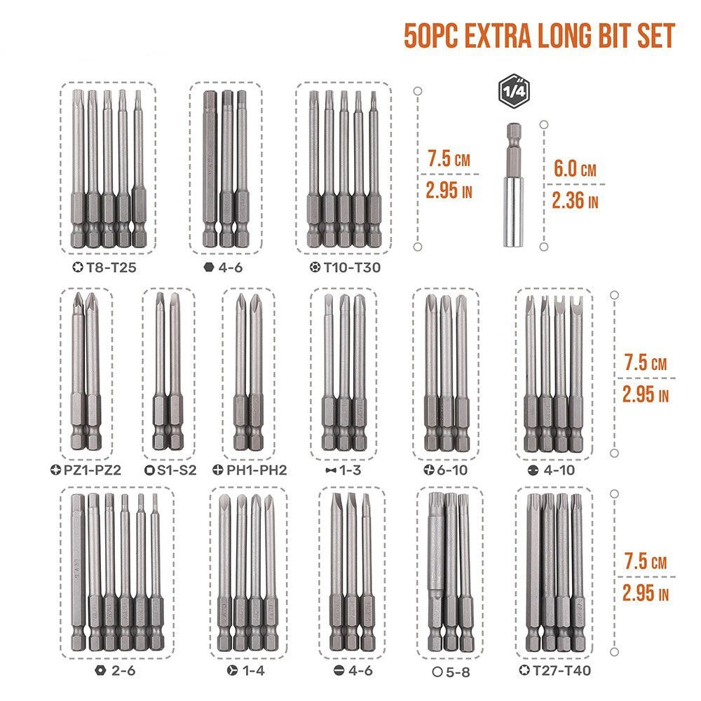 50Pcs Extra Long Security Bits Hex Star Torx Spline Flat Screwdriver Bit Set