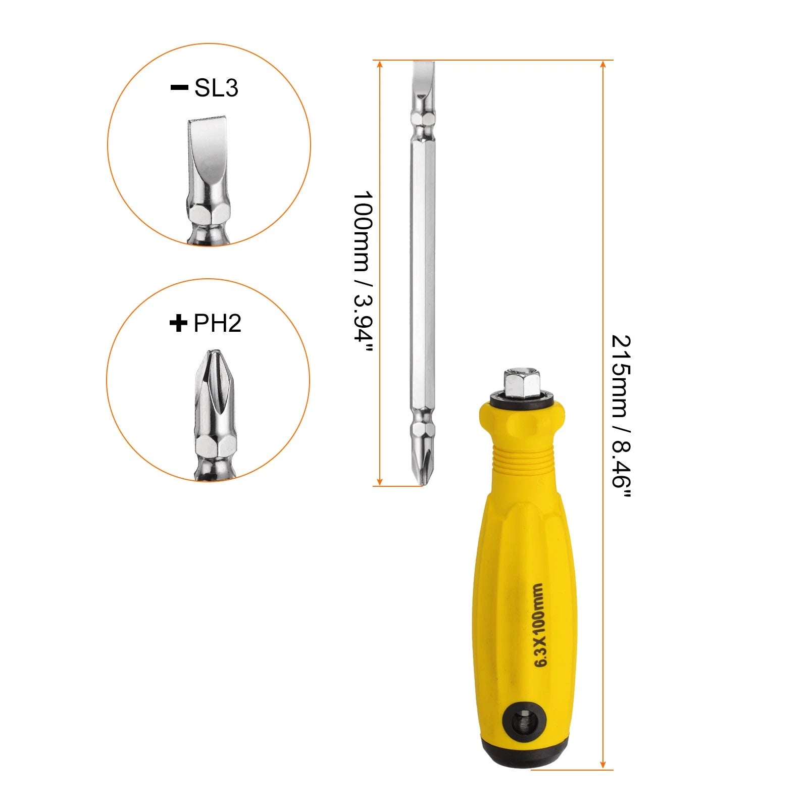 2 in 1 Screwdriver PH2 Phillips & SL3 Slotted Magnetic Screwdrivers, Yellow