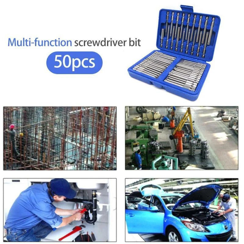 50Pcs Extra Long Security Bits Hex Star Torx Spline Flat Screwdriver Bit Set