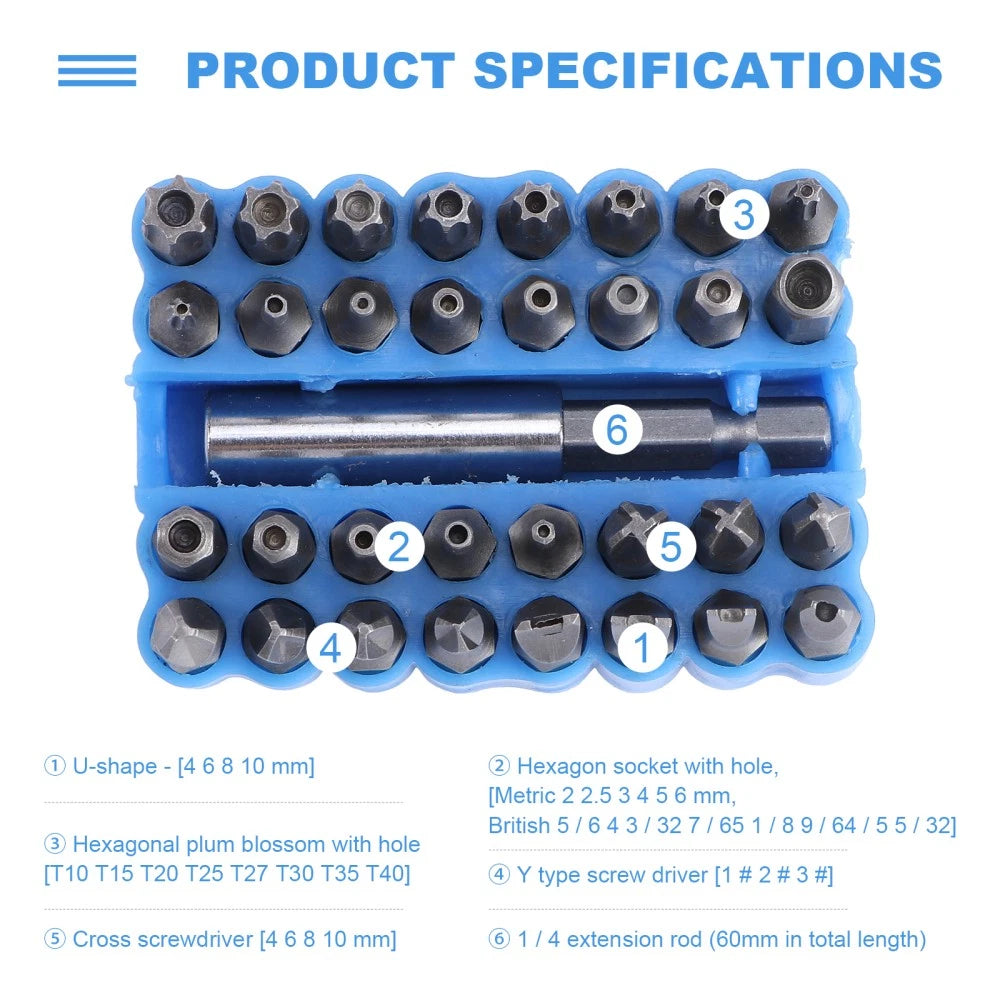 33 Pcs Hexagon Bit Screw Driver Set Hexagonal Drill Magnetic Extension Bits