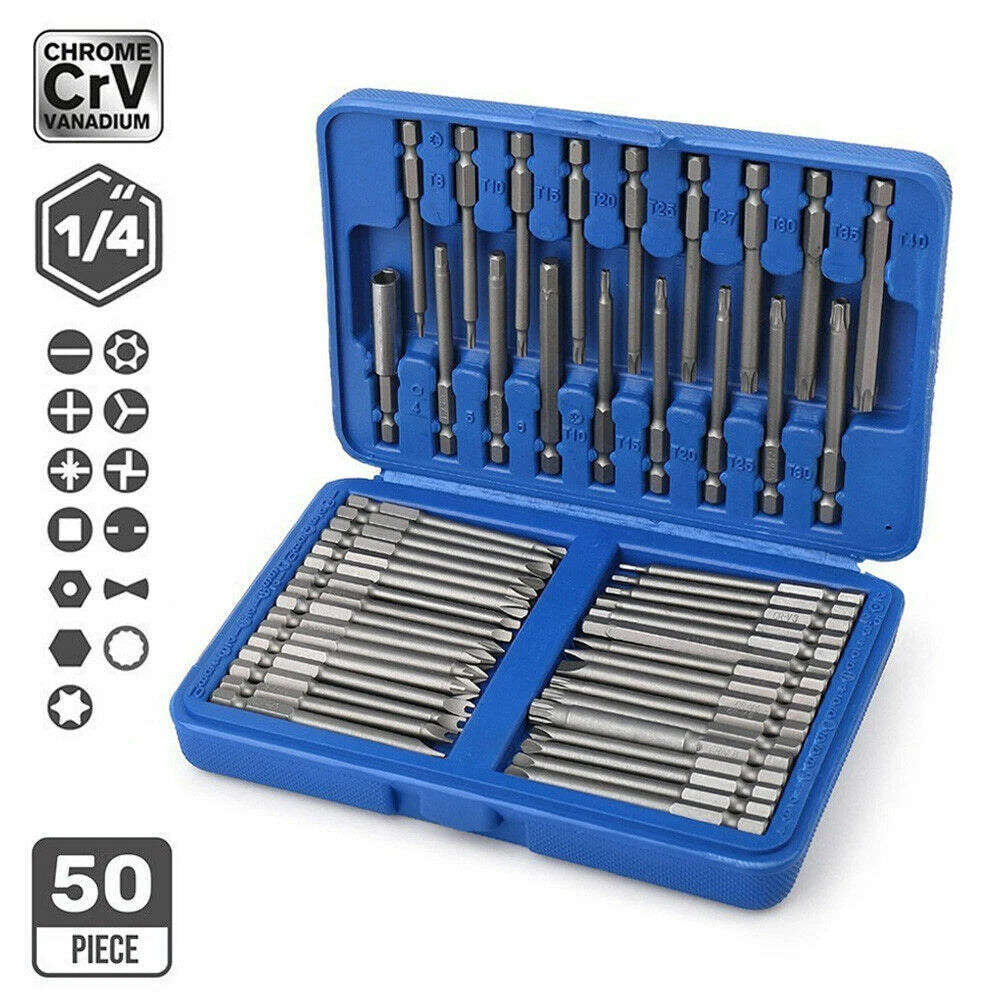 50Pcs Extra Long Security Bits Hex Star Torx Spline Flat Screwdriver Bit Set