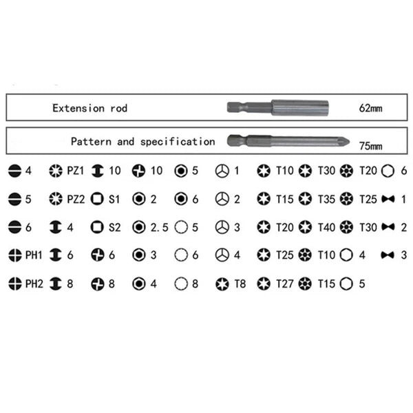 50Pcs Extra Long Security Bits Hex Star Torx Spline Flat Screwdriver Bit Set