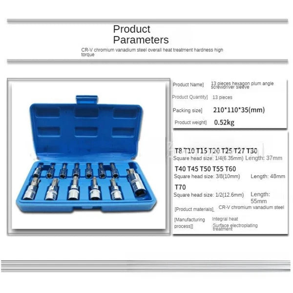 13pcs Torx Key Kit Auto Repair Tool Screwdriver Set Impact Socket Wrnech Head
