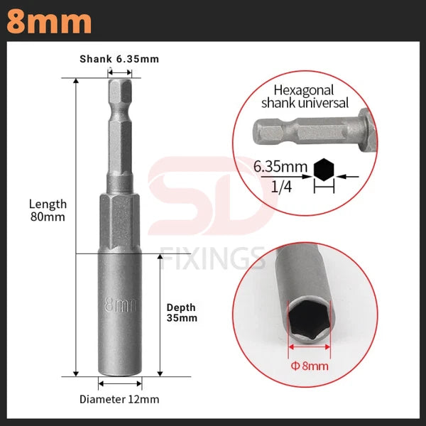 5 x Deep Bolt 8mm Nut Driver Bit Set 1/4" Hex Shank Impact Socket Adapter