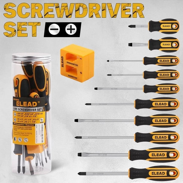 11-Pieces Magnetic Screwdriver Set 5 Phillips 5 Flat Head Tips Magnetizer Tool