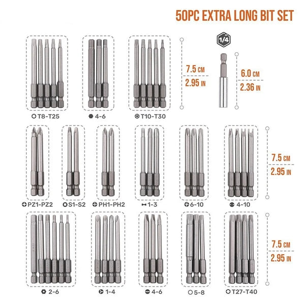 50Pcs Extra Long Security Bits Hex Star Torx Spline Flat Screwdriver Bit Set