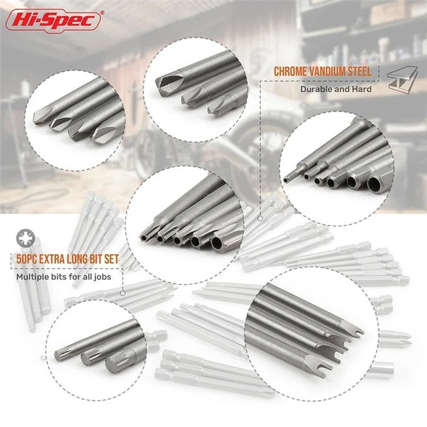 50Pcs Extra Long Security Bits Hex Star Torx Spline Flat Screwdriver Bit Set