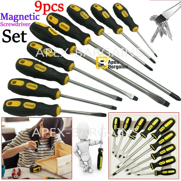 9pc Precision Magnetic Screwdriver Soft Grip Handle Philips Slotted Bit Tool Set