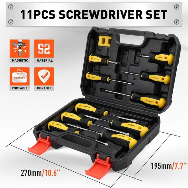 11-Piece Magnetic Screwdriver Set Chrome Vanadium Steel Includes 10 Tips & Case