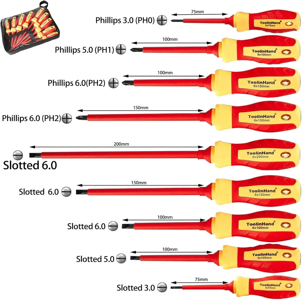 9 PCS 1000V Insulated Electrical Screwdriver Set, 4 Phillips and 5 Slotted Screw