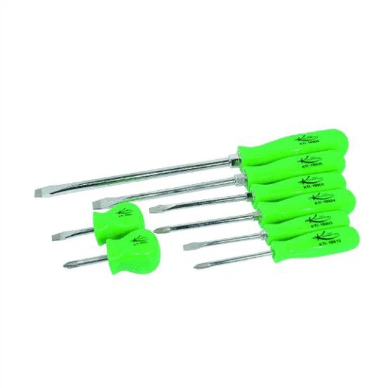 8pc Heavy-Duty Screwdriver Set Chrome Vanadium Blades Green Handles Hex Bolsters