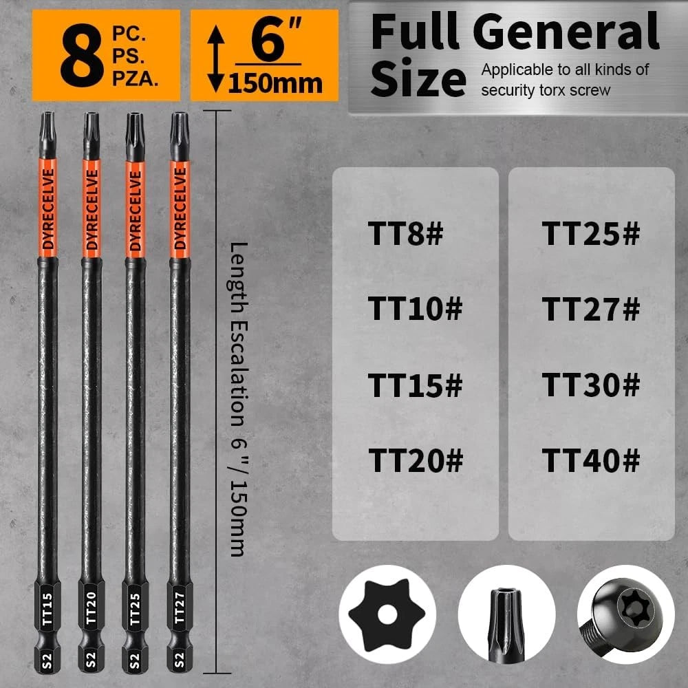 Impact Security Torx Bit Set 6-Inch 8-Pieces 6 Inch Bits, Black