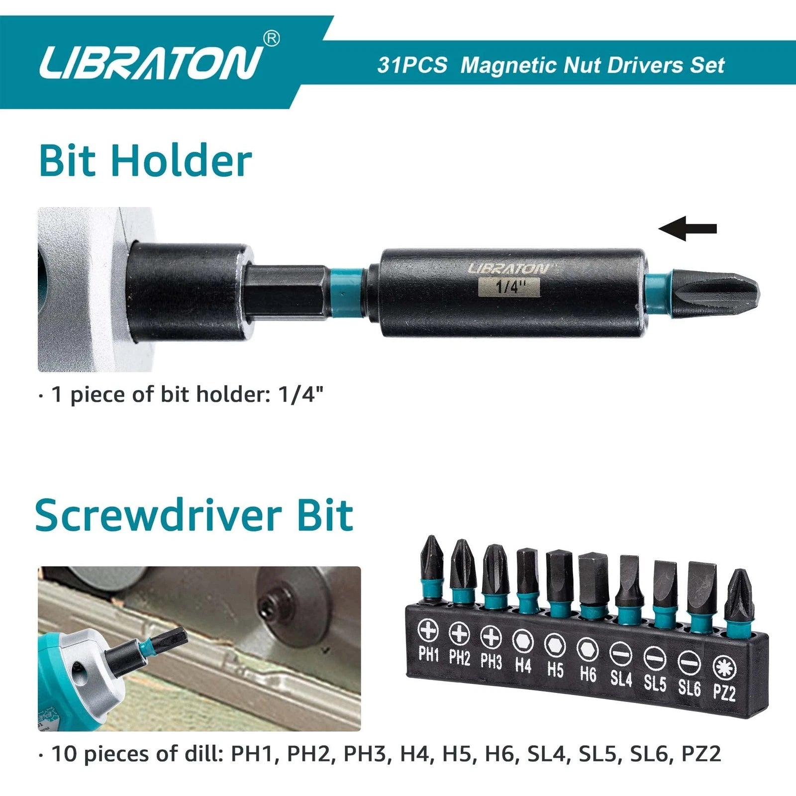 31PCS Magnetic Nut Driver Set, Impact Drill Driver Bit Set 1/4", Metric and S...
