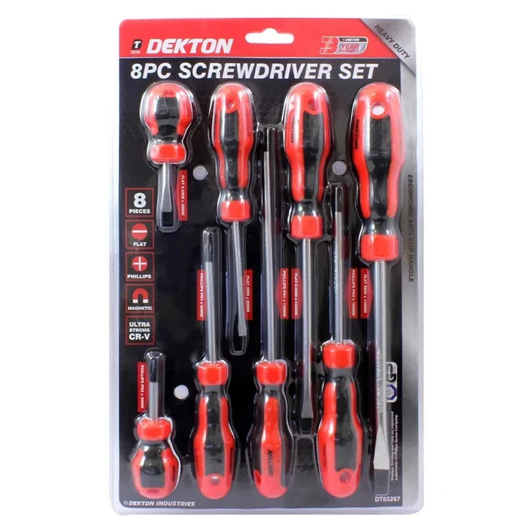 DEKTON 8pc Screwdriver Set – Phillips & Slotted, Mixed Sizes, CR-V Steel