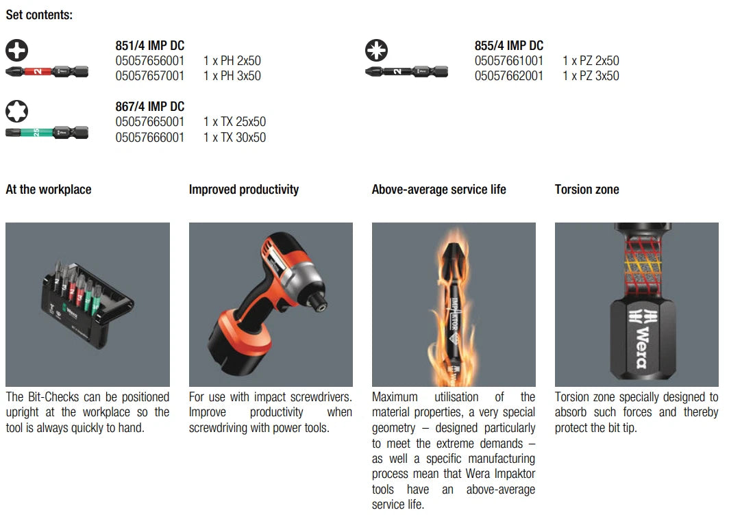 Wera Impact Bit-Check 6 Impaktor 1 Power Bit Set - PH2 PH3 PZ2 PZ3 TX T25 T30
