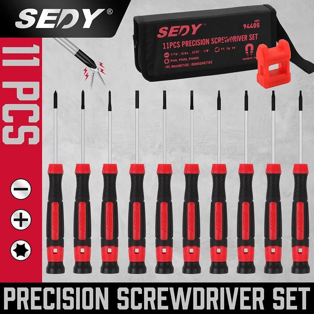 11-Piece Precision Screwdriver Set - Magnetic Mini Red, Silver, Black