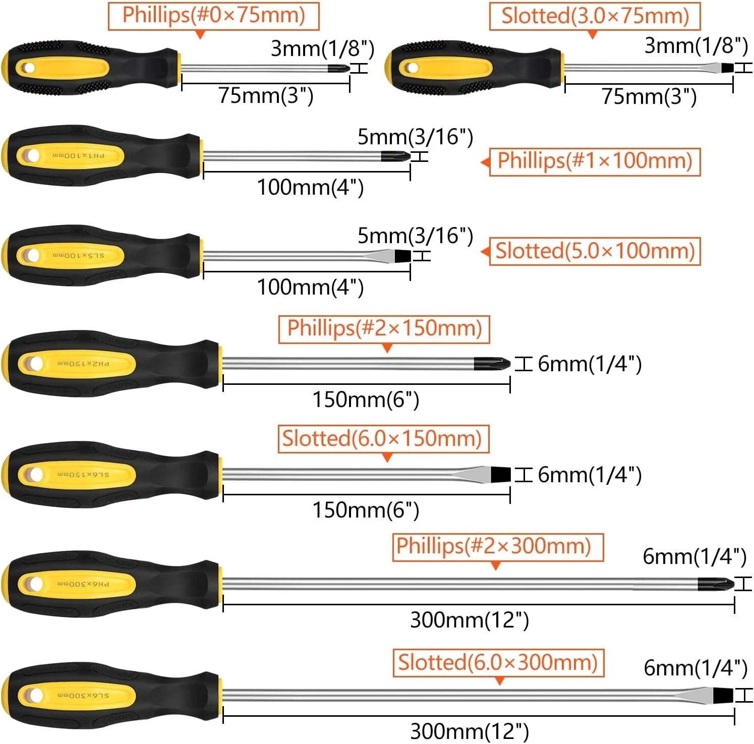 9pcs Magnetic Screwdrivers Set, Including 12in Phillips and Slotted Screwdrivers