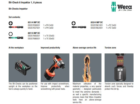 Wera Impact Bit-Check 6 Impaktor 1 Power Bit Set - PH2 PH3 PZ2 PZ3 TX T25 T30