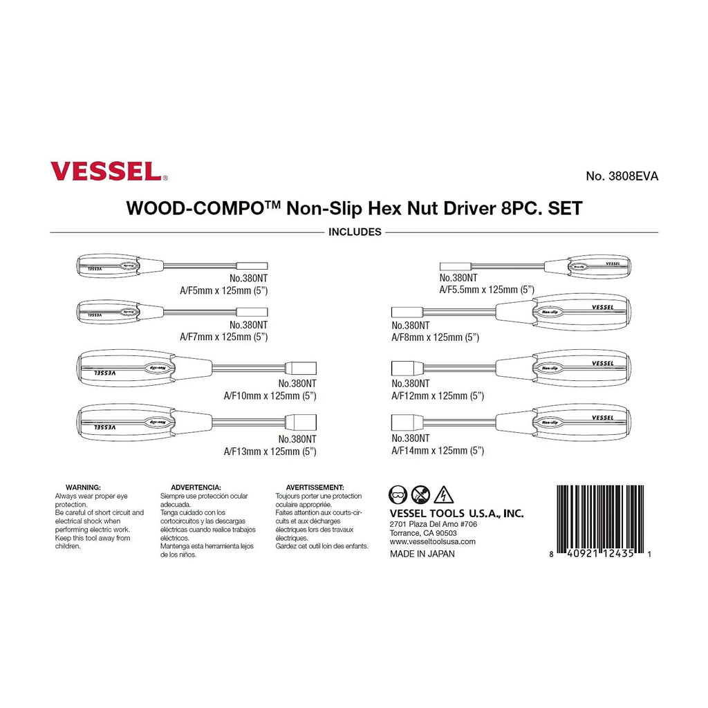 Vessel 3808EVA WOOD-COMPO Non-Slip Hex Nut Driver 8PC. Set