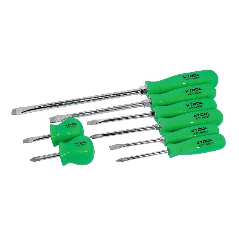 8pc Heavy-Duty Screwdriver Set Chrome Vanadium Blades Green Handles Hex Bolsters