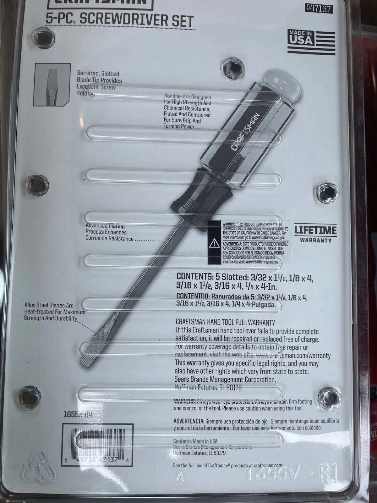 NOS Craftsman USA 5 Pc. Screwdriver Set Slotted Made In USA 47137