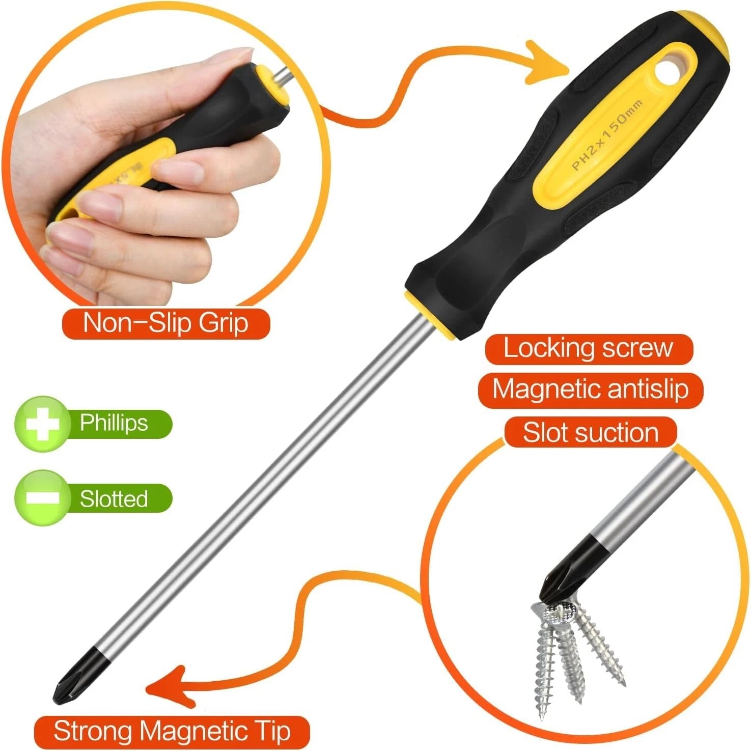 9pcs Magnetic Screwdrivers Set, Including 12in Phillips and Slotted Screwdrivers