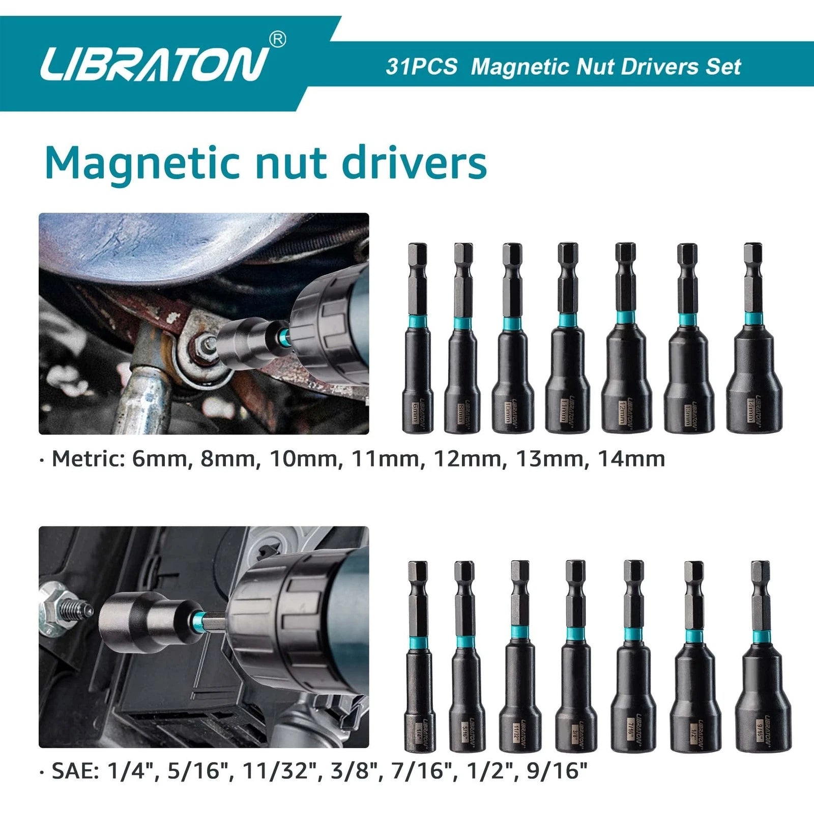 31PCS Magnetic Nut Driver Set, Impact Drill Driver Bit Set 1/4", Metric and S...