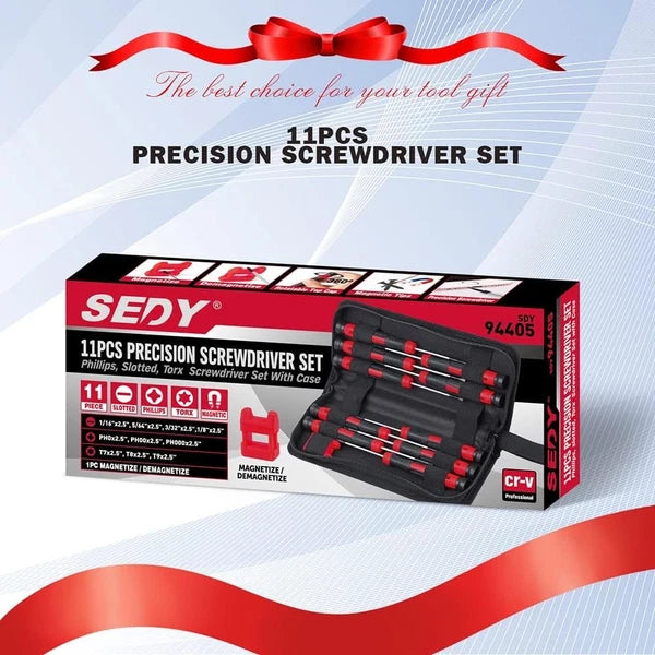 11-Piece Precision Screwdriver Set - Magnetic Mini Red, Silver, Black