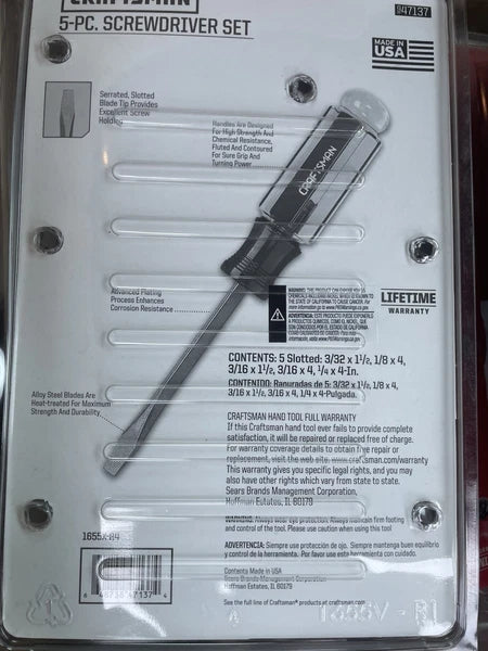 NOS Craftsman USA 5 Pc. Screwdriver Set Slotted Made In USA 47137