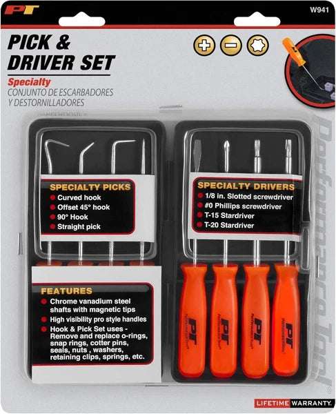 Performance Tool W941 8-Piece Specialty Pick/Driver Set, Precision Pick & Hook S