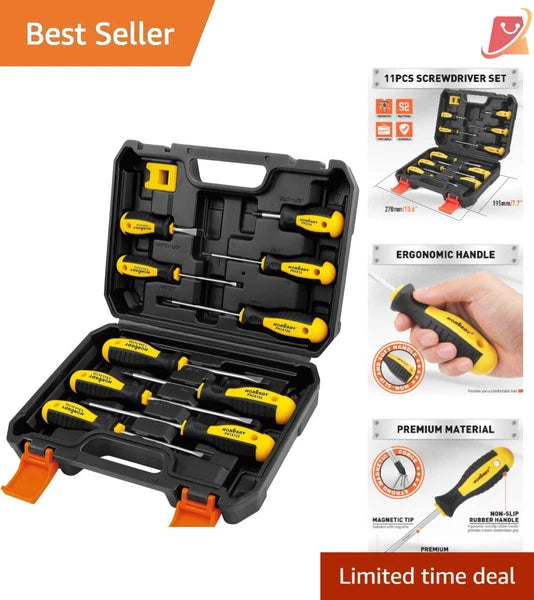11-Piece Magnetic Screwdriver Set Chrome Vanadium Steel Includes 10 Tips & Case
