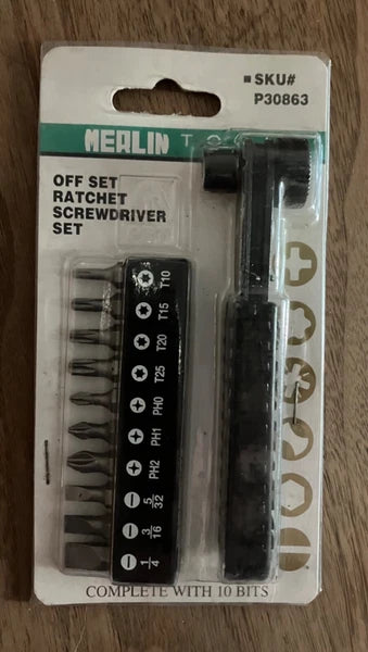 Vintage Merlin Off Set Mini Ratchet Screwdriver Set, 10 Bits - New P30863