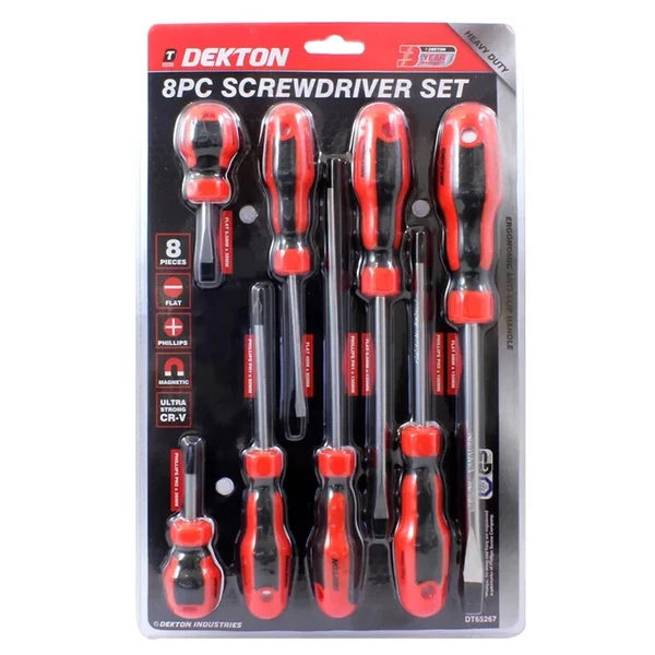 DEKTON 8pc Screwdriver Set – Phillips & Slotted, Mixed Sizes, CR-V Steel