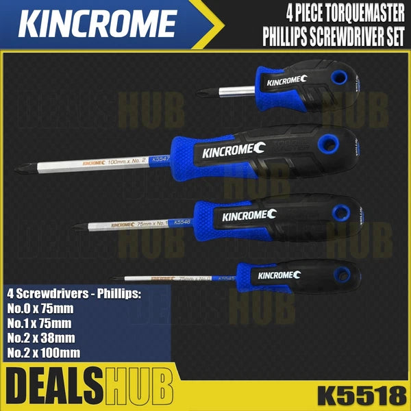 KINCROME 4 Piece TorqueMaster Phillips Screwdriver Set Magnetic Tip K5518