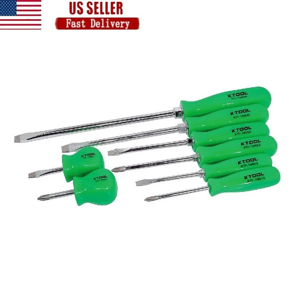 8pc Heavy-Duty Screwdriver Set Chrome Vanadium Blades Green Handles Hex Bolsters