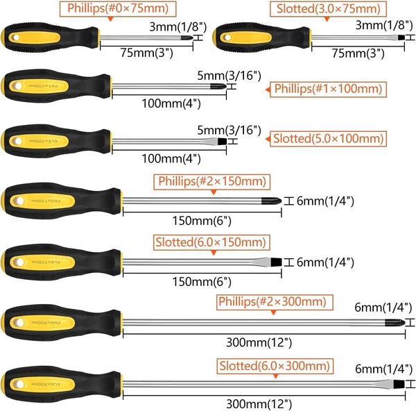 9pcs Magnetic Screwdrivers Set, Including 12in Phillips and Slotted Screwdrivers