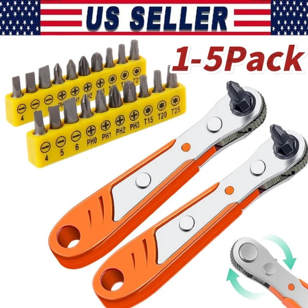 Ratcheting Right Angle Screwdriver Hex Drive 90 Degree Offset + 10PCS Bits Set