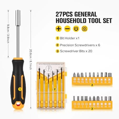 pcs General Household Tool Set, Includes Precision Screwdrivers, Bits 27